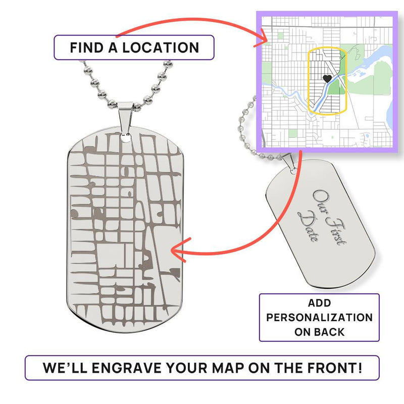 Custom Engraved Dog Tag Map Necklace